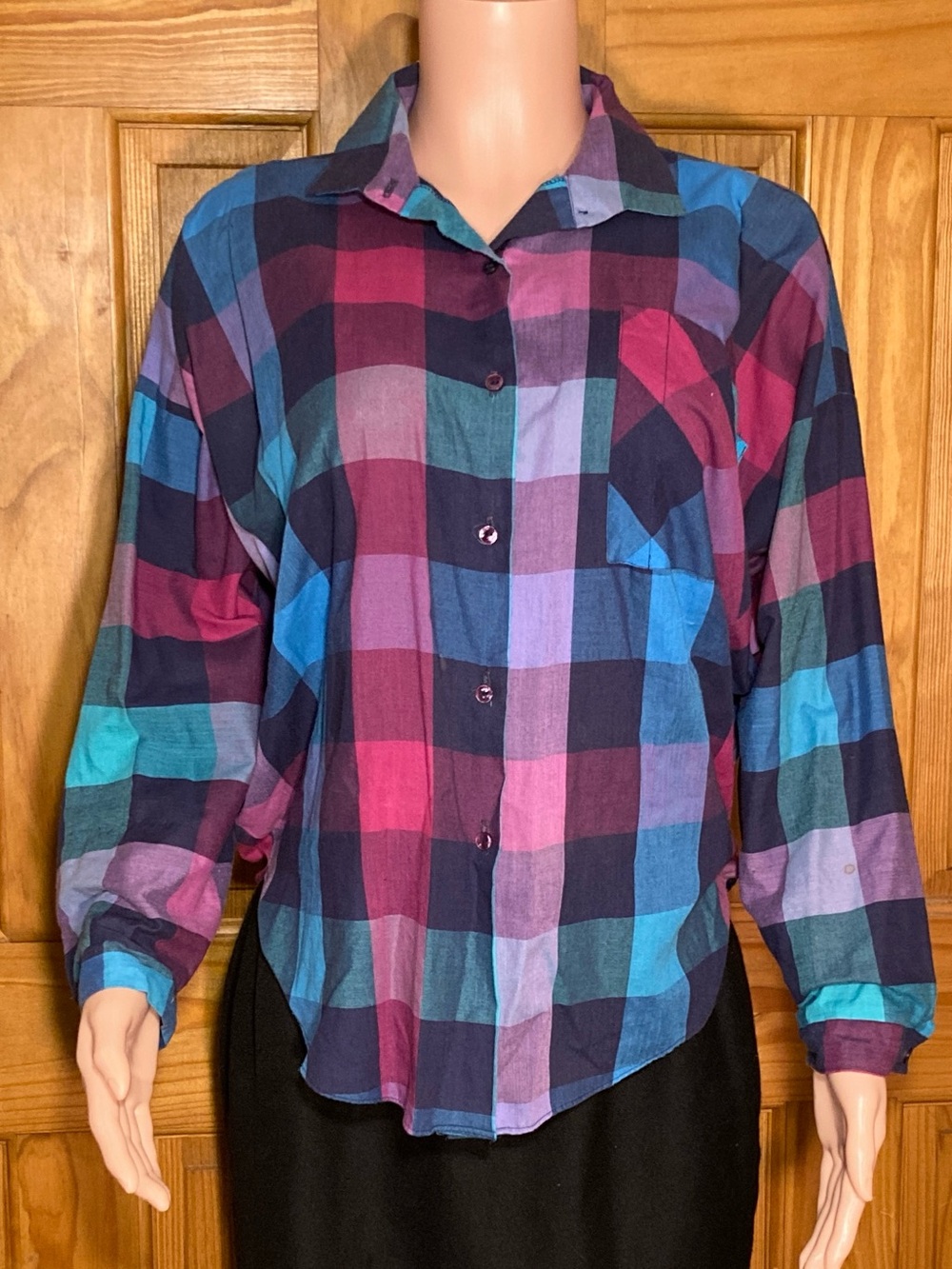 EUC Shirt Accent Vintage 80s Blouse Long Sleeve Top Plaid Blue Pink Size 36
